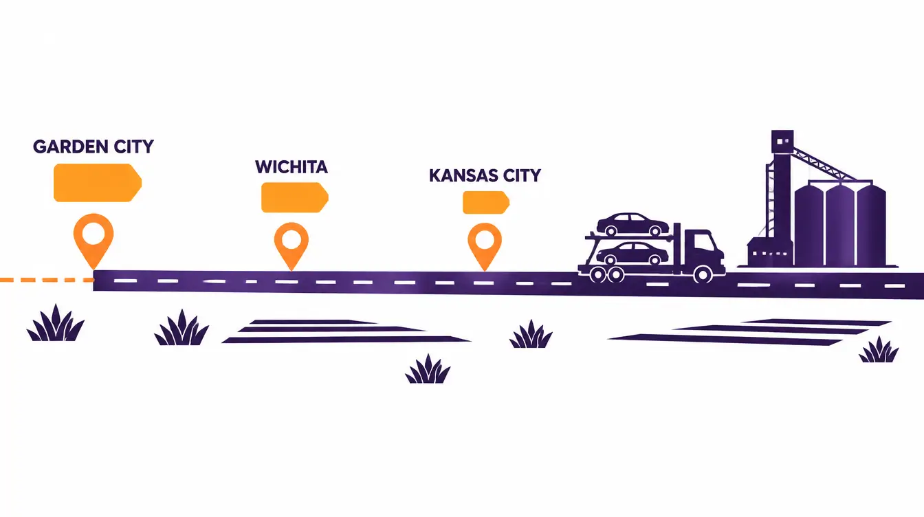 Car hauler heading east with Kansas City, Wichita and Garden City pins whose price tags grow larger toward Garden City, at the end of a dashed extension west