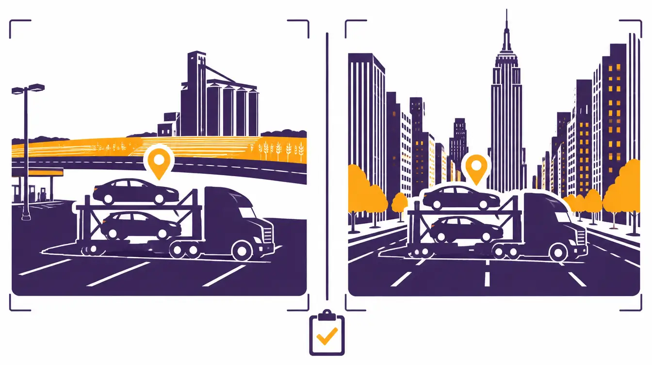 Car hauler with two cars at a Kansas truck stop beside a highway, wheat fields and a grain elevator for pickup, and on a Manhattan avenue beside the Empire State Building for delivery, with an inspection clipboard between them