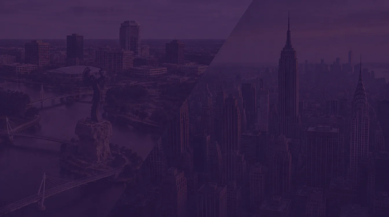 Aerial views of downtown Wichita with the Keeper of the Plains statue and its footbridges at the river confluence, joined diagonally to Midtown Manhattan with the Empire State Building and the Chrysler Building, under a dark purple overlay