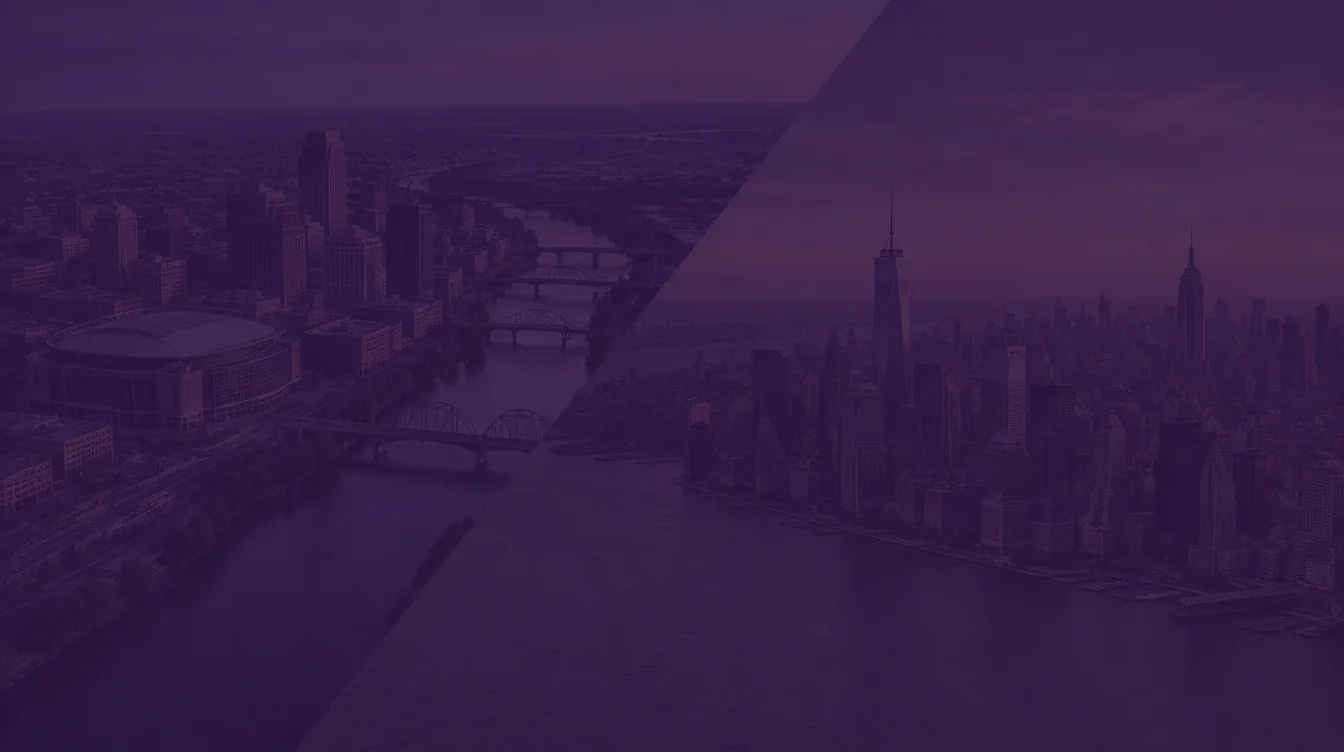 Aerial views of downtown Newark with the Prudential Center arena and bridges over the Passaic River, joined diagonally to Lower Manhattan and One World Trade Center across the Hudson, under a dark purple overlay