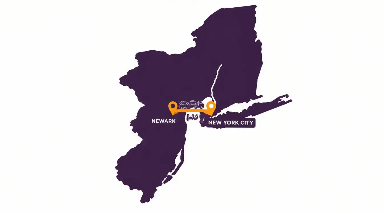 Map of New Jersey and New York with a short orange route from Newark across the Hudson River to New York City on I-95, with a car hauler on the line