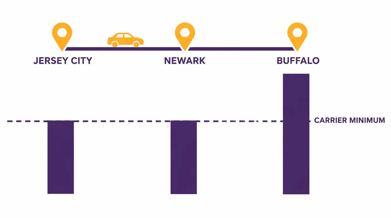 Route line with Jersey City, Newark and Buffalo pins, where the Jersey City and Newark bars stop at the same dashed carrier minimum line and the Buffalo bar rises well above it