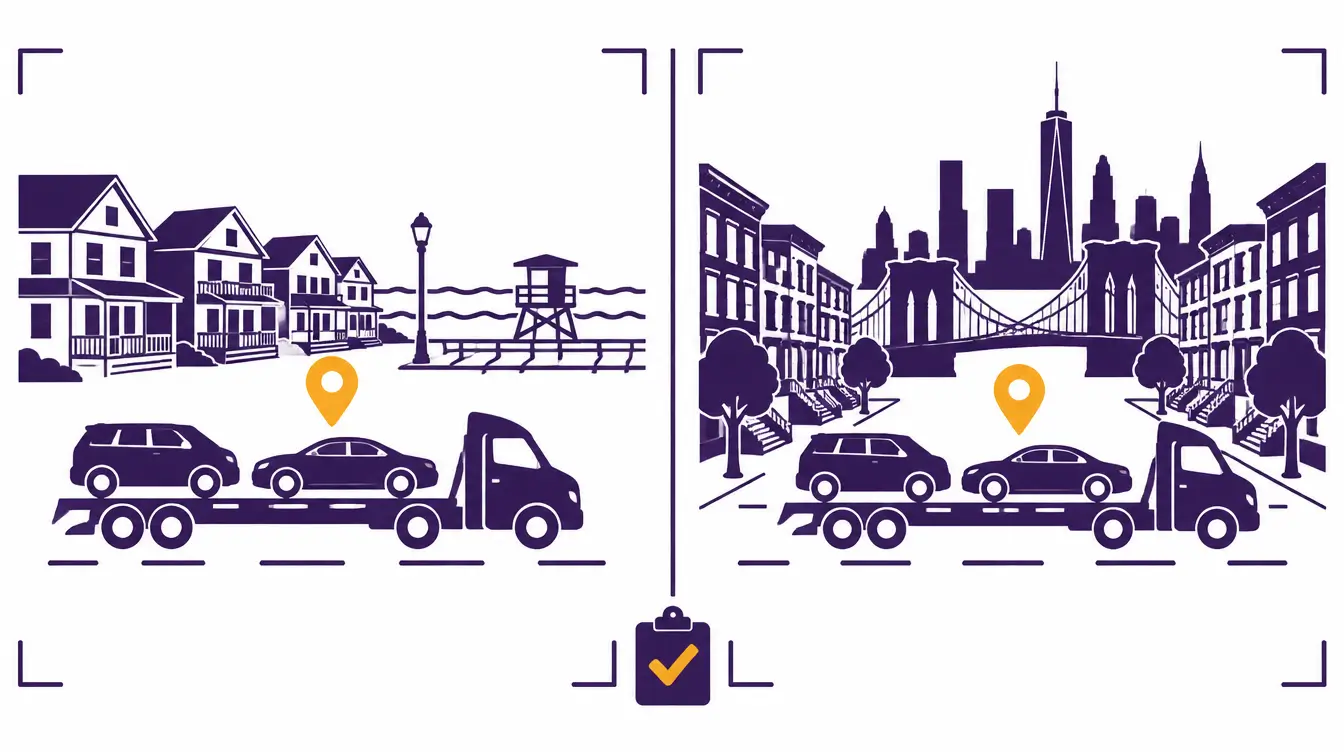 Car hauler with two cars on a Jersey Shore street of beach houses beside a boardwalk and lifeguard stand for pickup, and on a Brooklyn avenue of brownstones below the Brooklyn Bridge and the Manhattan skyline for delivery, with an inspection clipboard between them