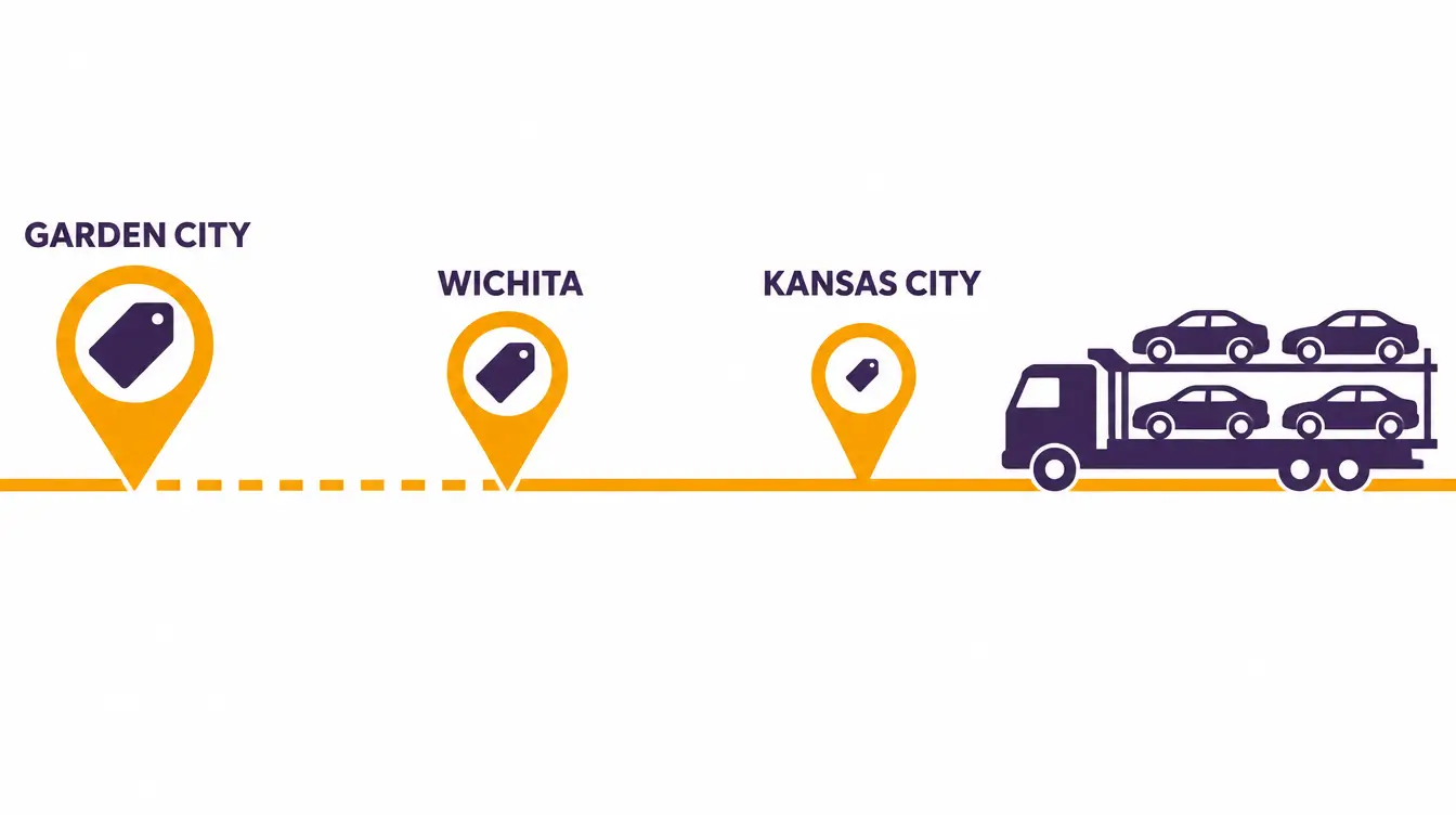 Car hauler heading west past Kansas City, Wichita and Garden City pins whose price tags grow larger toward Garden City, with a dashed road beyond Wichita