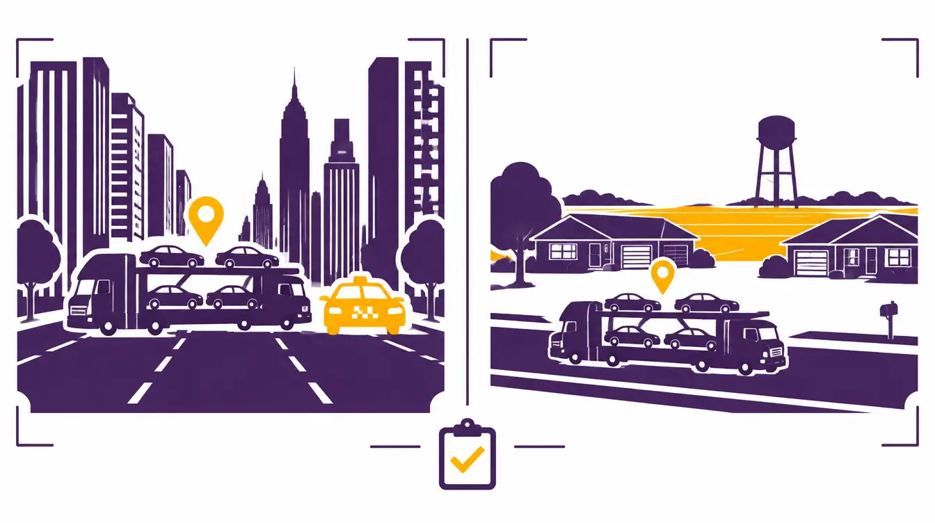 Car hauler on a Manhattan avenue between skyscrapers with a yellow taxi for pickup, and on a Kansas suburban street with ranch houses and a water tower for delivery, with an inspection clipboard between them