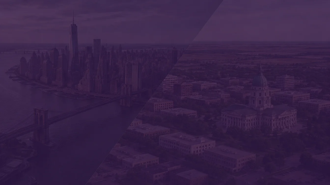 Aerial views of Lower Manhattan with One World Trade Center and the Brooklyn Bridge, joined diagonally to downtown Topeka with the domed Kansas State Capitol, under a dark purple overlay