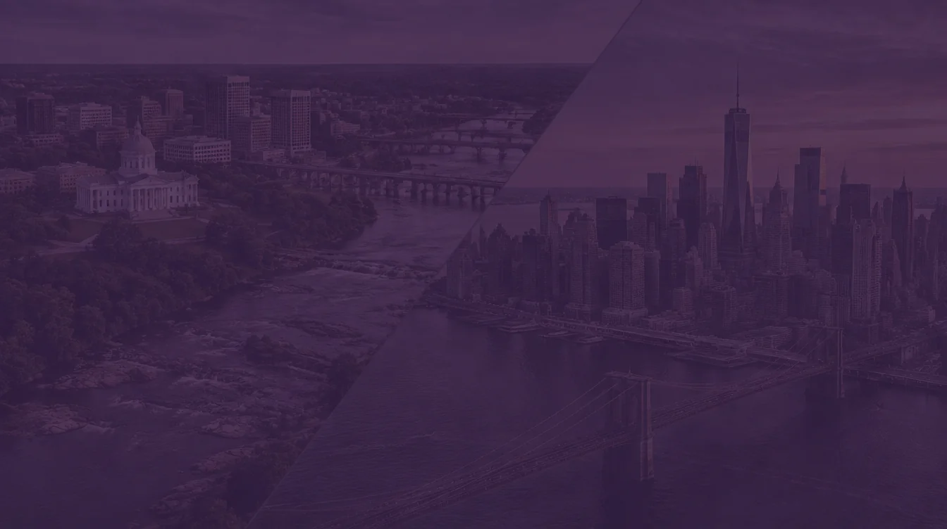 Aerial view of Richmond, Virginia with the State Capitol and James River beside Lower Manhattan and the Brooklyn Bridge under a purple overlay