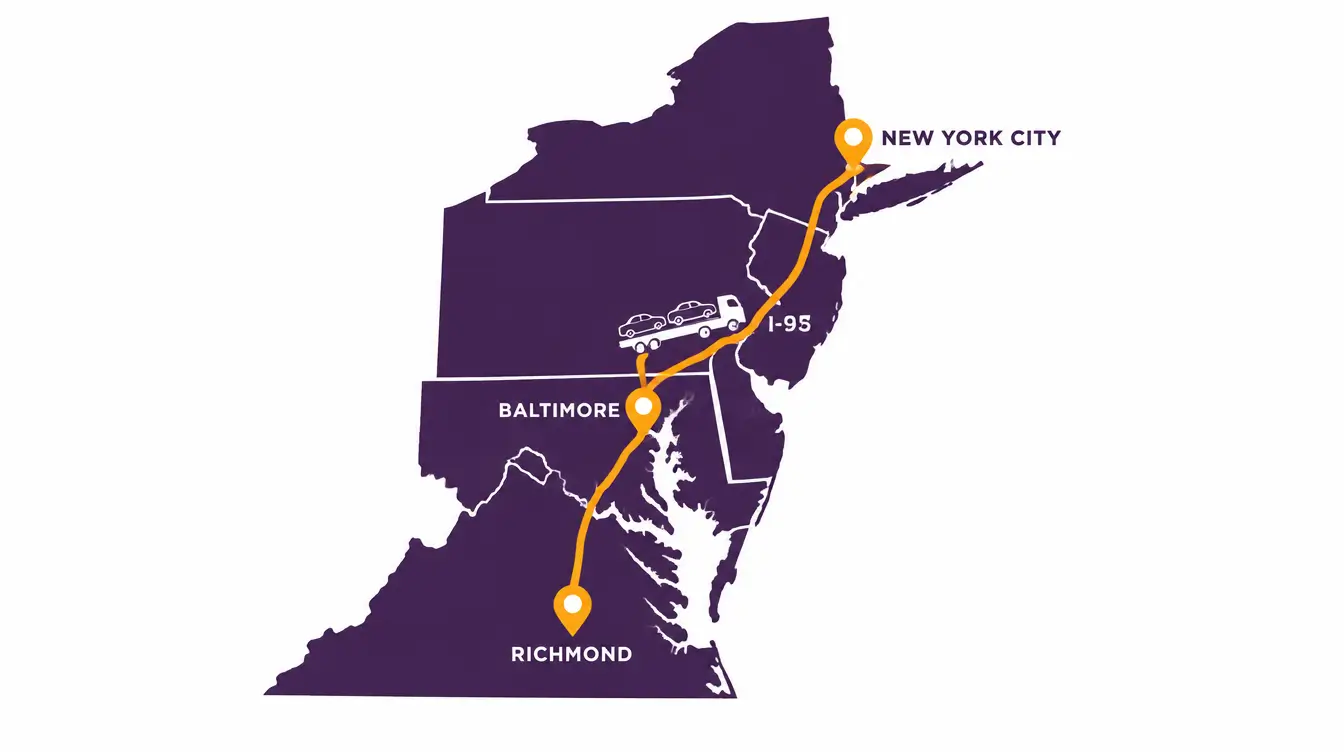 Route map from Richmond, Virginia north on I-95 past Baltimore to New York City
