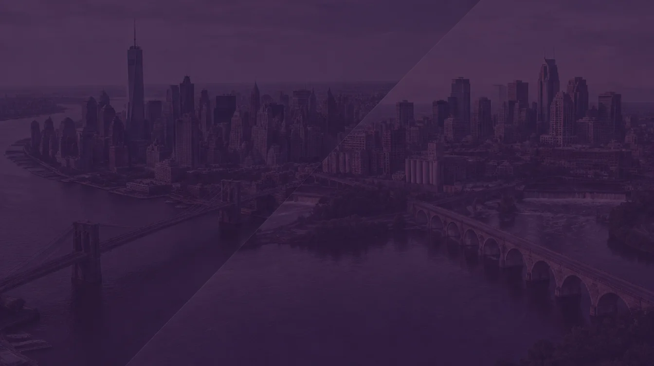 Lower Manhattan with One World Trade Center and the Brooklyn Bridge joined to downtown Minneapolis and the Stone Arch Bridge under a purple overlay