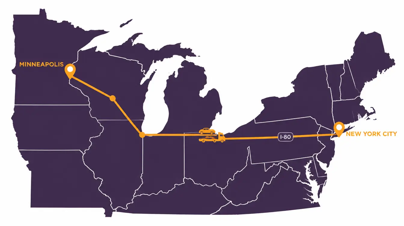 Map of the car shipping route from New York City west on I-80 through Pennsylvania, Ohio and Indiana to Chicago, then through Wisconsin to Minneapolis