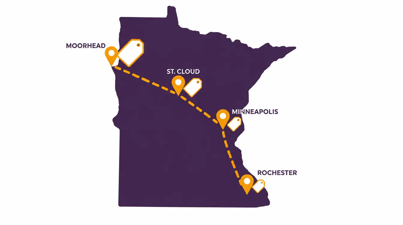 Minnesota map with Rochester, Minneapolis, St. Cloud and Moorhead pins and price tags that grow with distance from New York