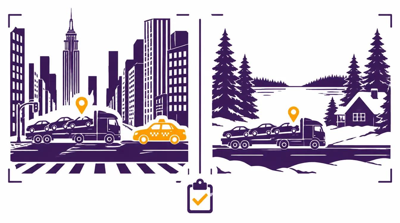 Car hauler at a Manhattan pickup beside a yellow taxi and at a Minnesota lakeside home among pine trees and snowbanks