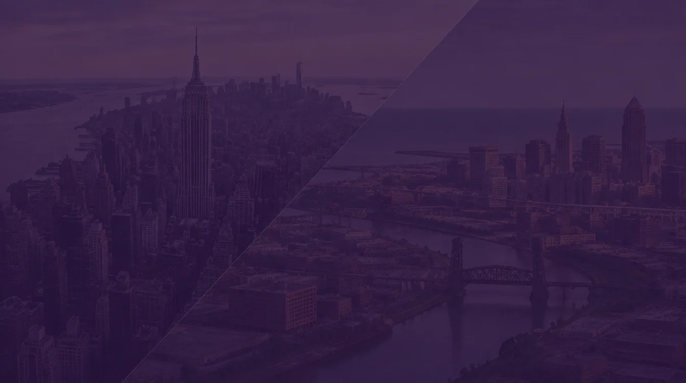 Midtown Manhattan with the Empire State Building joined to downtown Cleveland with the Terminal Tower and the Cuyahoga River bridges under a purple overlay