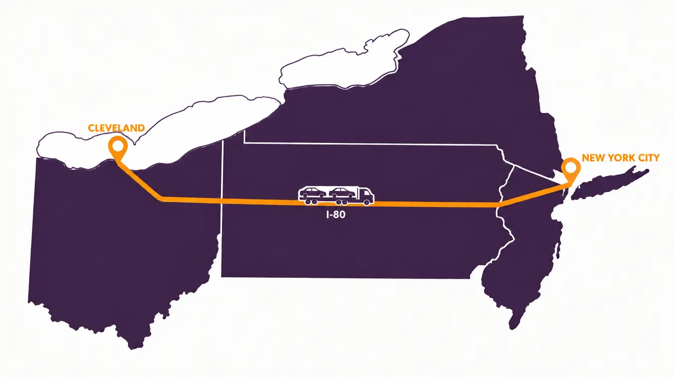 Map of the car shipping route from New York City west on I-80 across Pennsylvania to Cleveland on the shore of Lake Erie