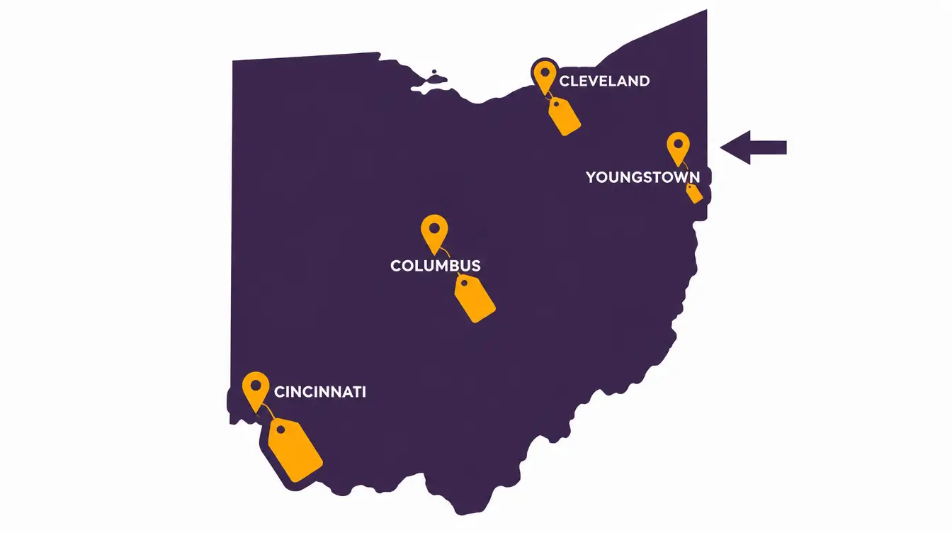 Ohio map with Youngstown, Cleveland, Columbus and Cincinnati pins and price tags that grow with distance from New York