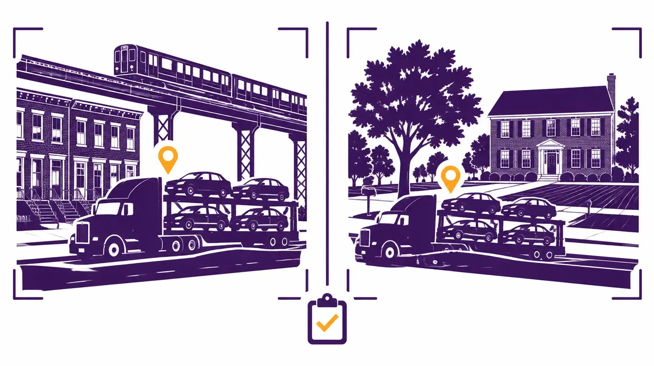 Car hauler at a Queens pickup under an elevated train line and at a brick colonial home on a quiet Ohio street