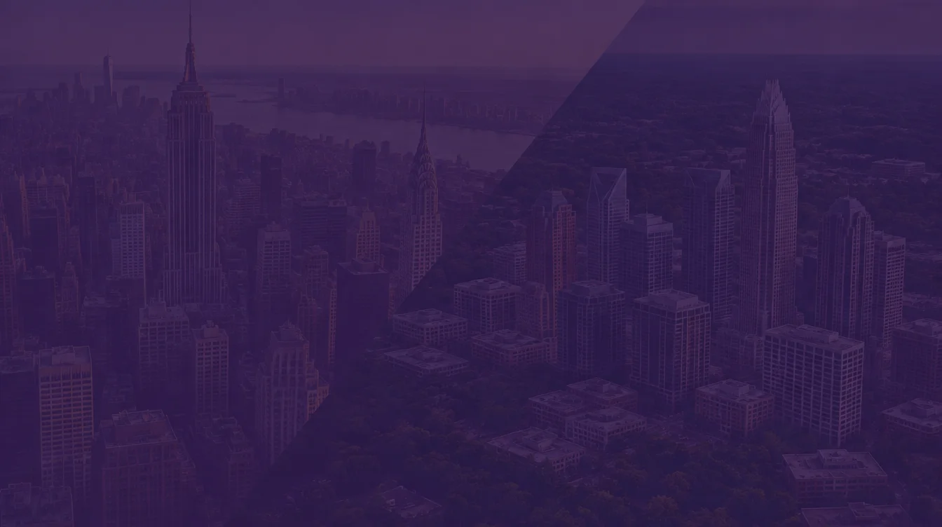Midtown Manhattan with the Empire State and Chrysler buildings joined to uptown Charlotte and its crowned Bank of America tower under a purple overlay