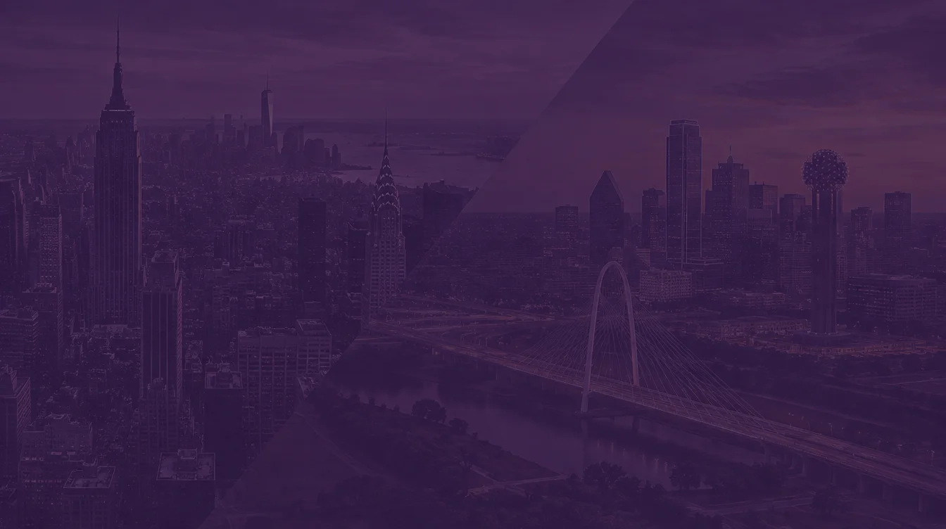 Manhattan and downtown Dallas skylines under a dark purple overlay