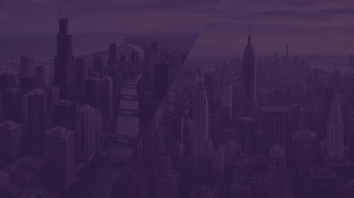 Chicago skyline with Willis Tower and the Chicago River beside Midtown Manhattan with the Empire State and Chrysler buildings under a dark purple overlay