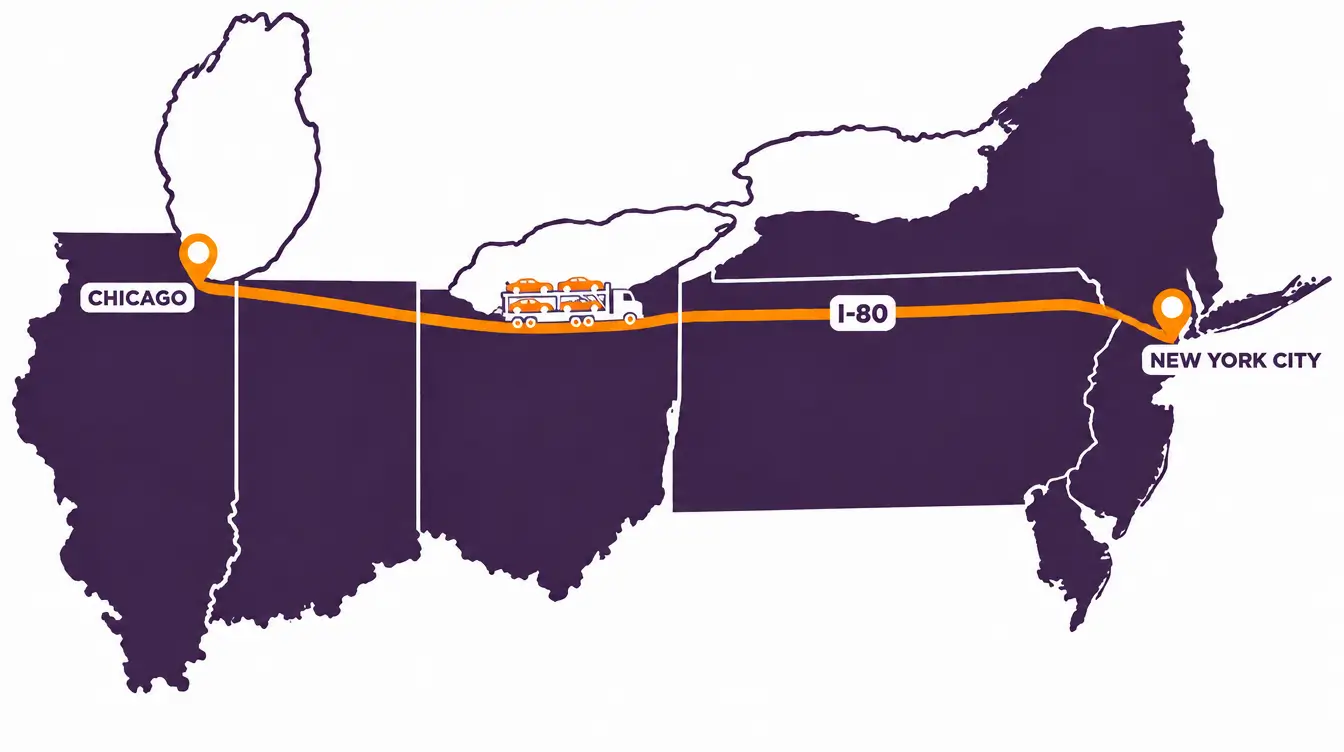 Map of the Illinois to New York car shipping route on I-80 from Chicago to New York City