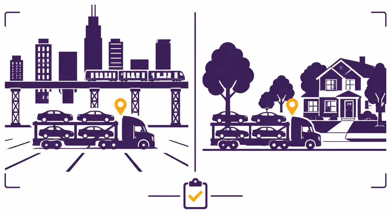 Car hauler in a downtown parking lot under an elevated train line and on a tree-lined suburban street beside a two-story house, with an inspection clipboard