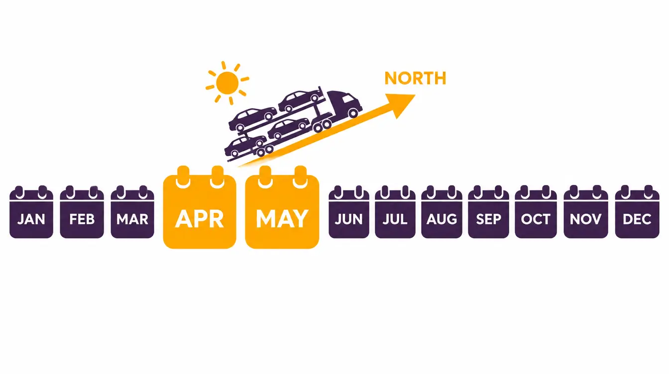 Calendar of the year with April and May highlighted as the spring rush for northbound car shipping