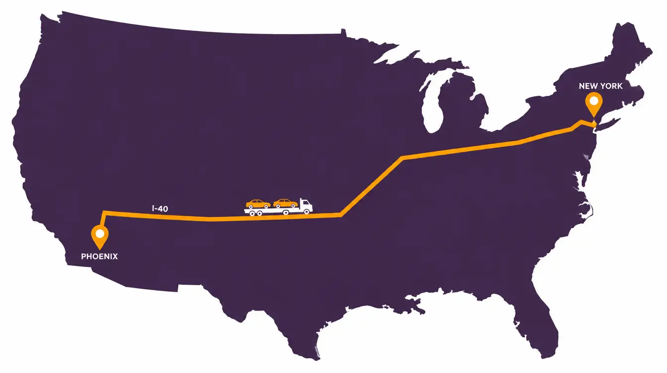 Map of the United States with an orange route line from Phoenix to New York labeled I-40, with a car hauler truck icon on the line