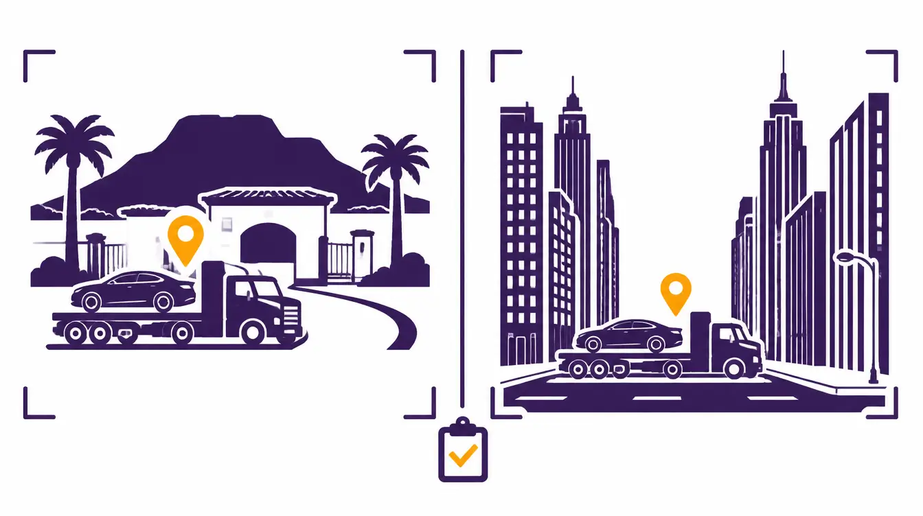 Two panels showing a car hauler truck at a gated desert community entrance with palm trees on the left and at a curb between Manhattan towers on the right, with a clipboard and checkmark between them