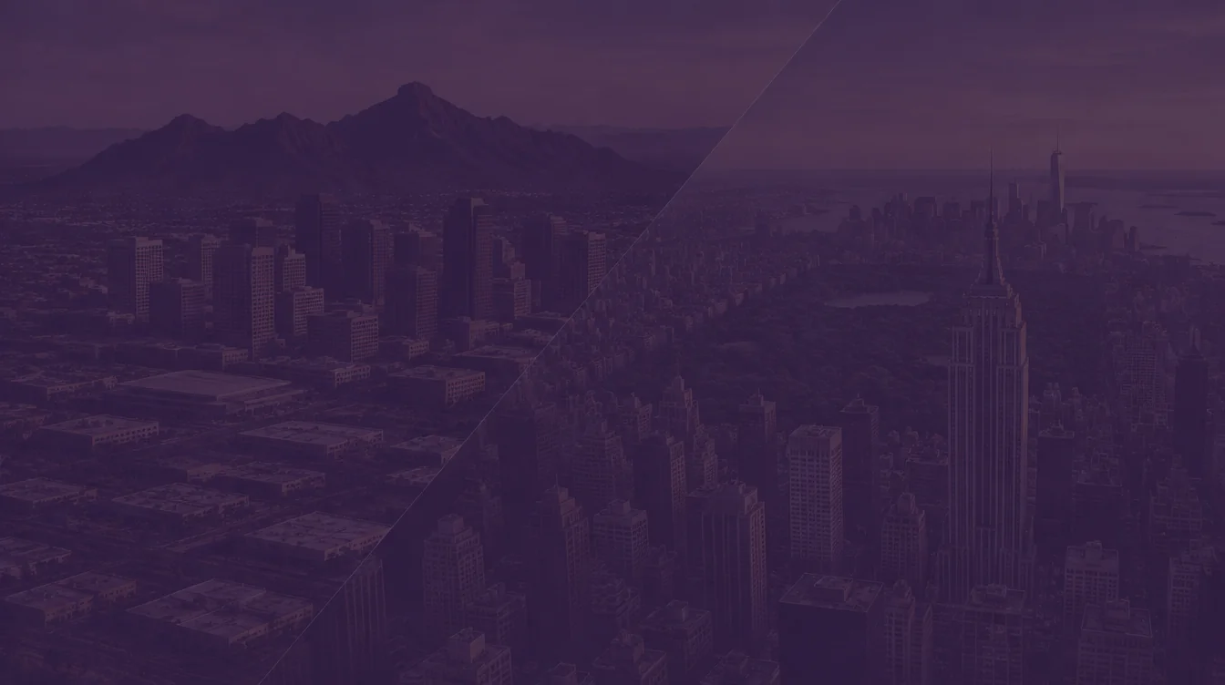 Aerial view of downtown Phoenix with a desert mountain behind it, joined diagonally to Midtown Manhattan with the Empire State Building and Central Park, under a dark purple overlay