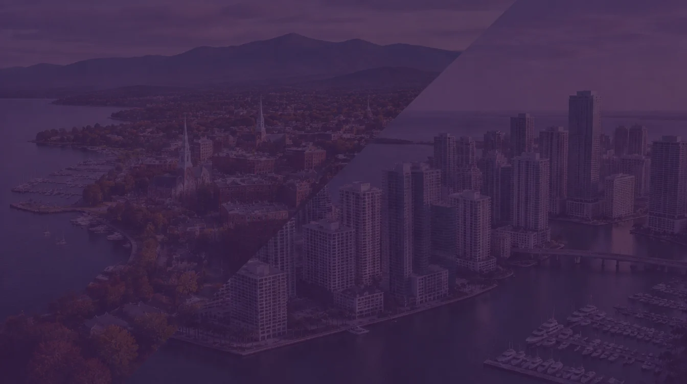 Aerial view of Burlington, Vermont on Lake Champlain beside the Miami skyline on Biscayne Bay, under a dark purple overlay
