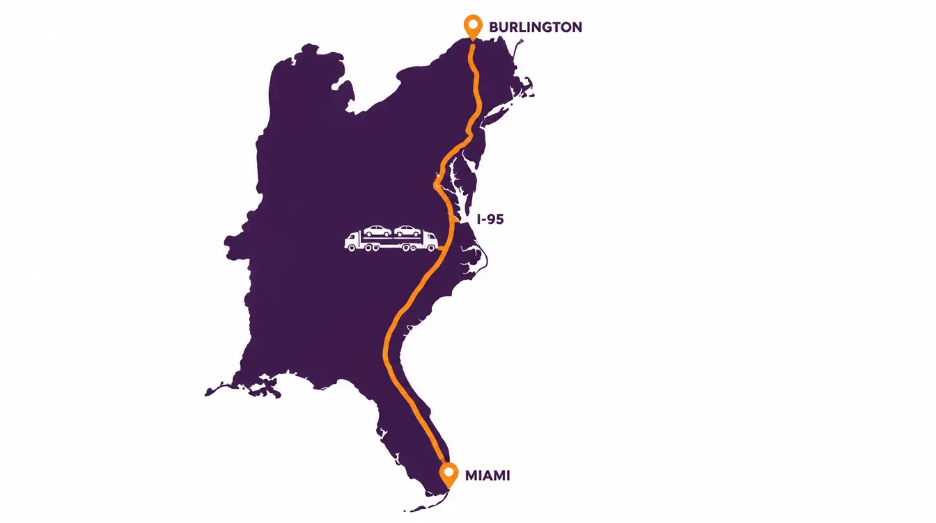 Map of the eastern United States with a route line from Burlington, Vermont along I-95 to Miami, Florida