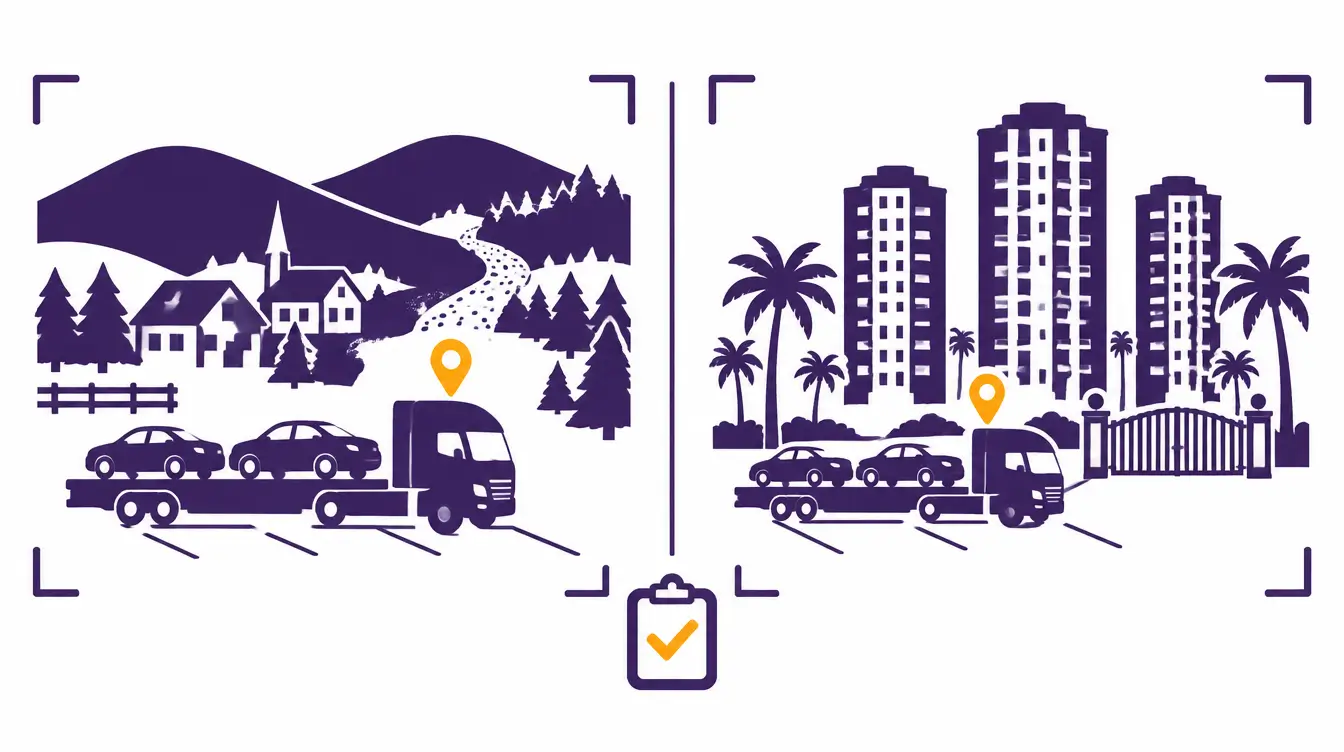 Car hauler meeting points at a Vermont village lot and outside a gated Florida condo community, with an inspection clipboard