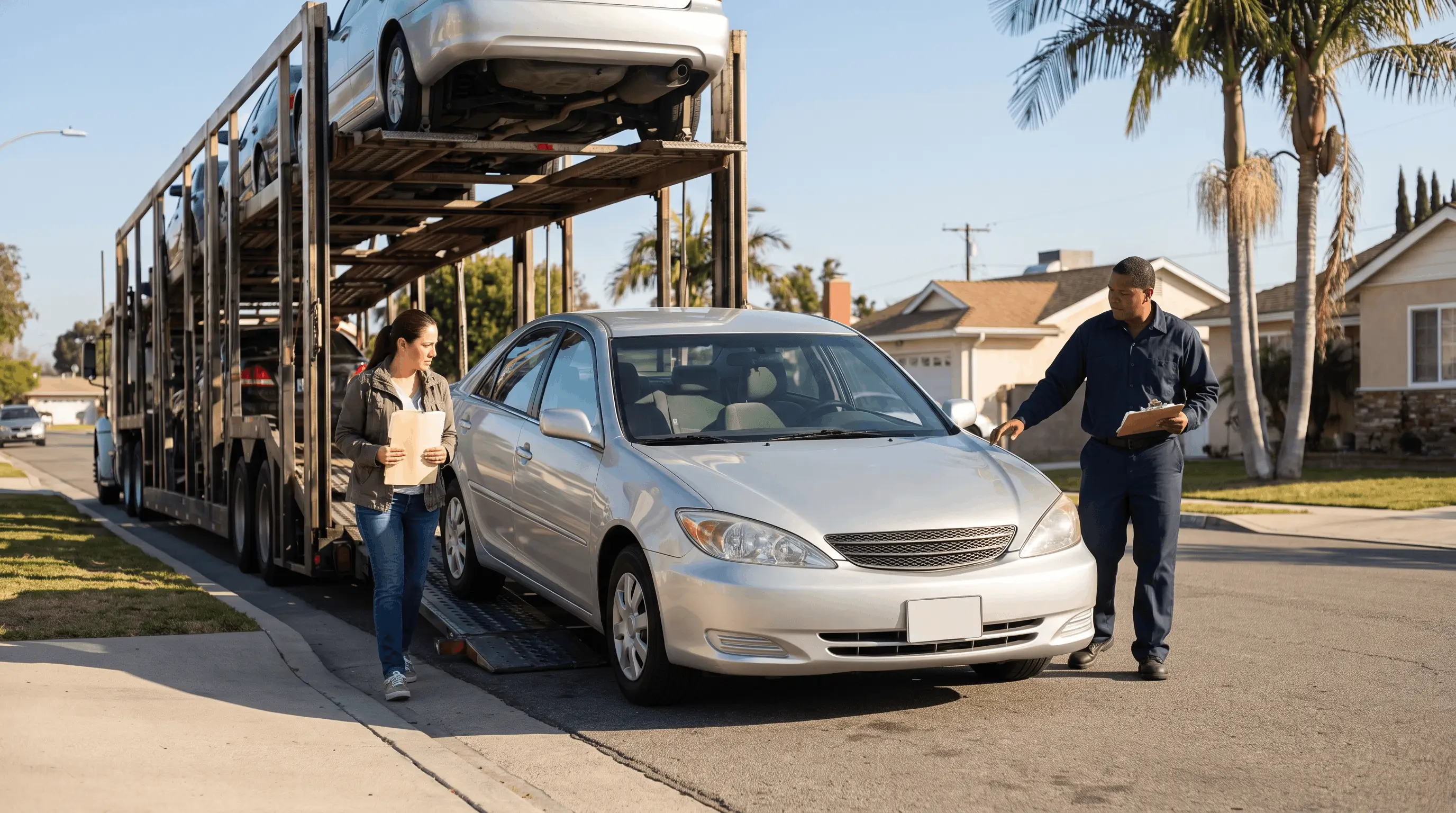 Out-of-state sedan unloaded from an open car carrier on a California street as the driver and owner inspect it