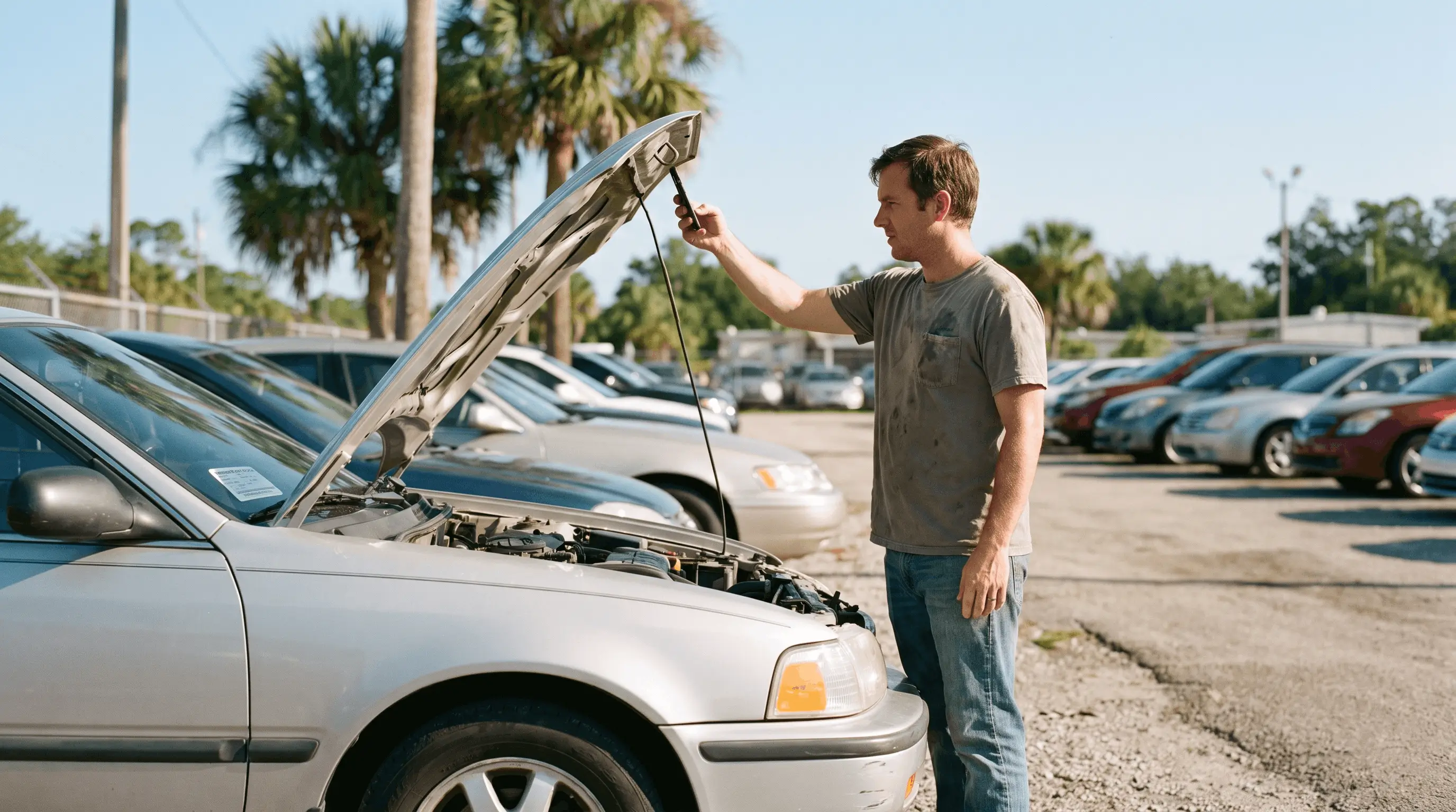 Buyer photographing the emissions label under the hood of a used sedan on a Florida car lot