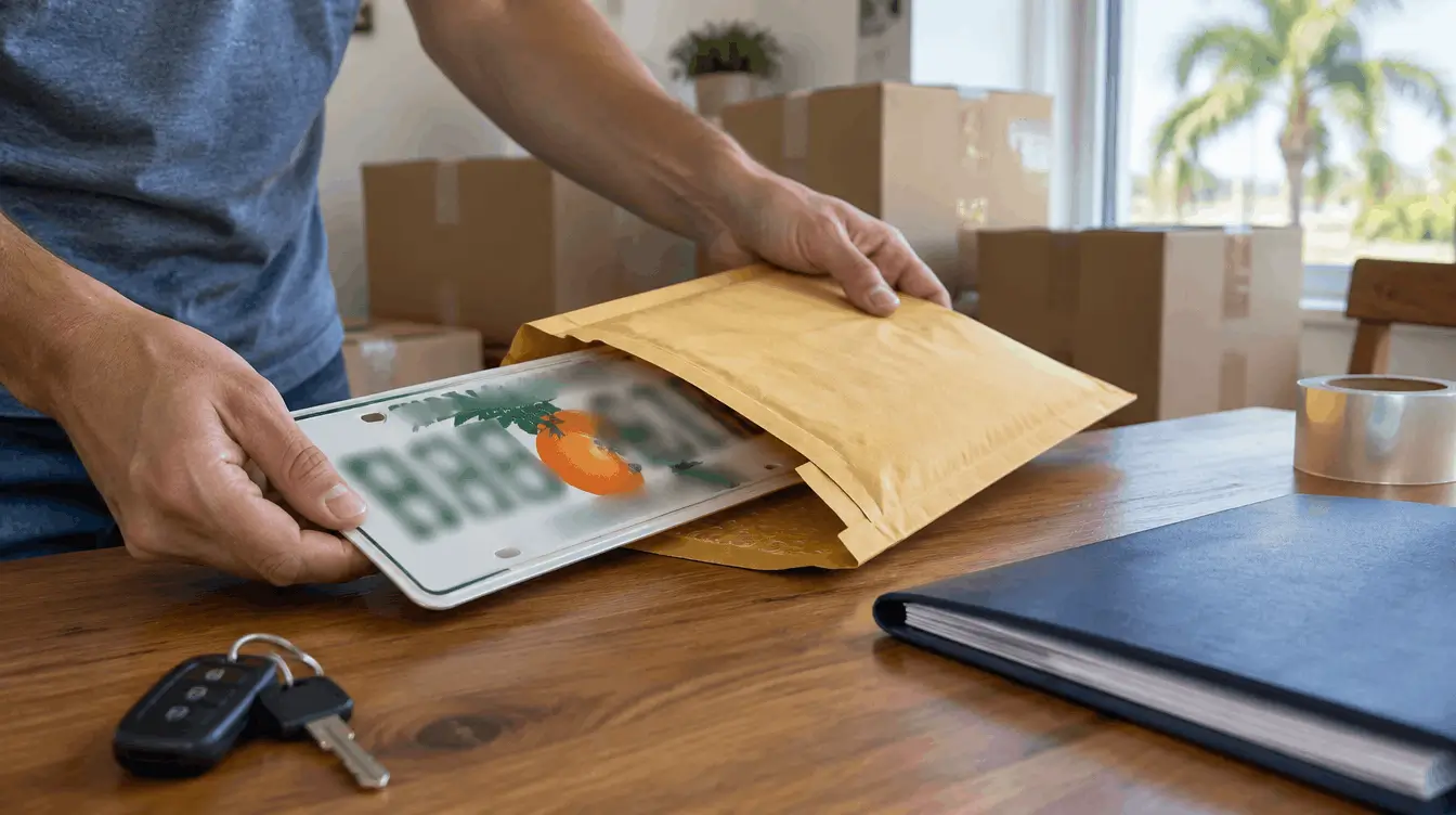 Hands sliding a Florida license plate into a padded mailing envelope beside car keys and moving boxes