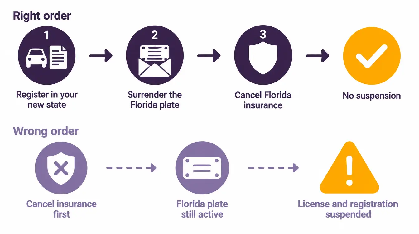 Right order: register in your new state, surrender the Florida plate, then cancel Florida insurance, with no suspension. Wrong order: canceling insurance first leaves the Florida plate active and leads to a suspended license and registration