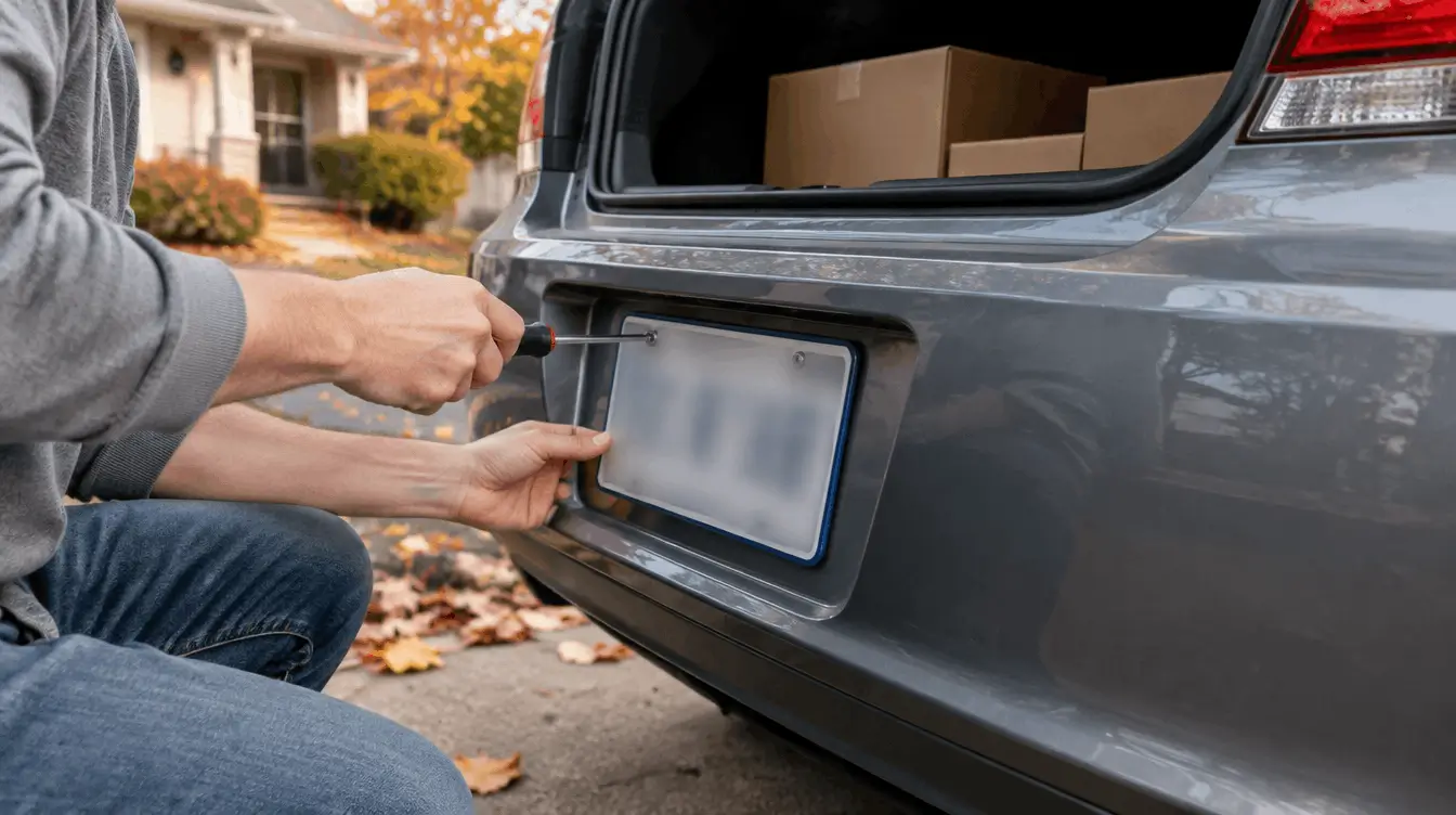 Hands removing the rear license plate from a gray sedan in a driveway, with moving boxes in the open trunk