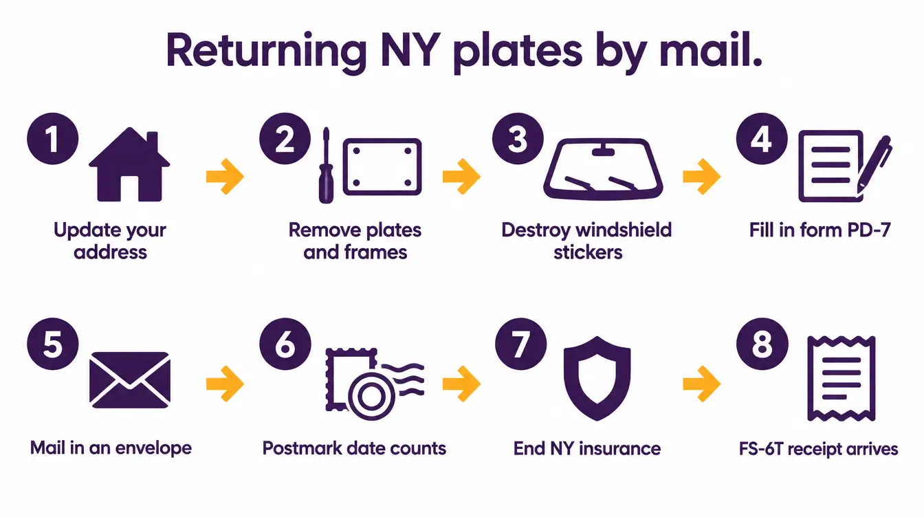 Eight steps to return New York plates by mail: update your address, remove plates and frames, destroy windshield stickers, fill in form PD-7, mail in an envelope, the postmark date counts, end New York insurance, and the FS-6T receipt arrives