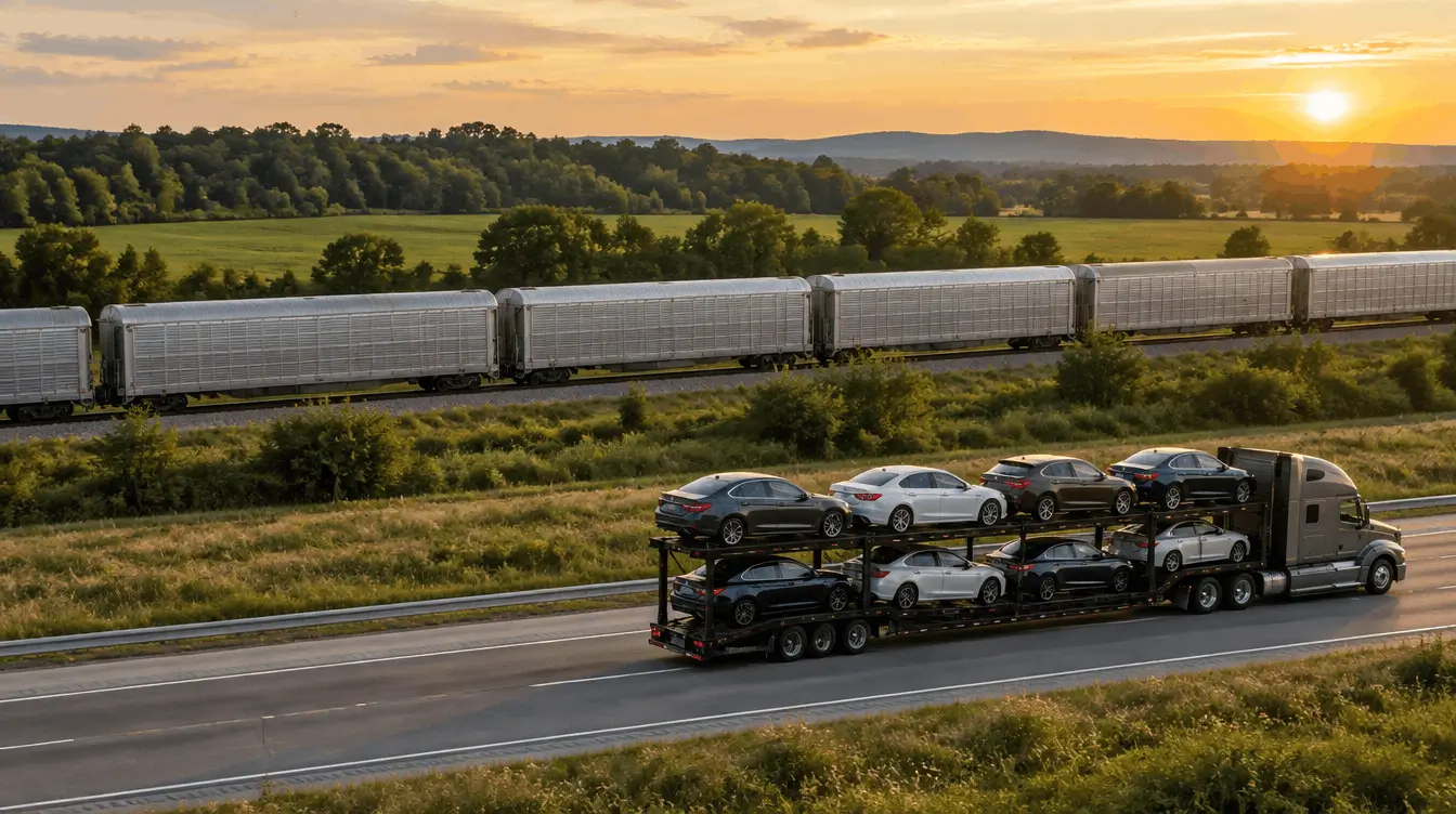 Car carrier truck on a Virginia interstate beside a passing auto rack train at sunset