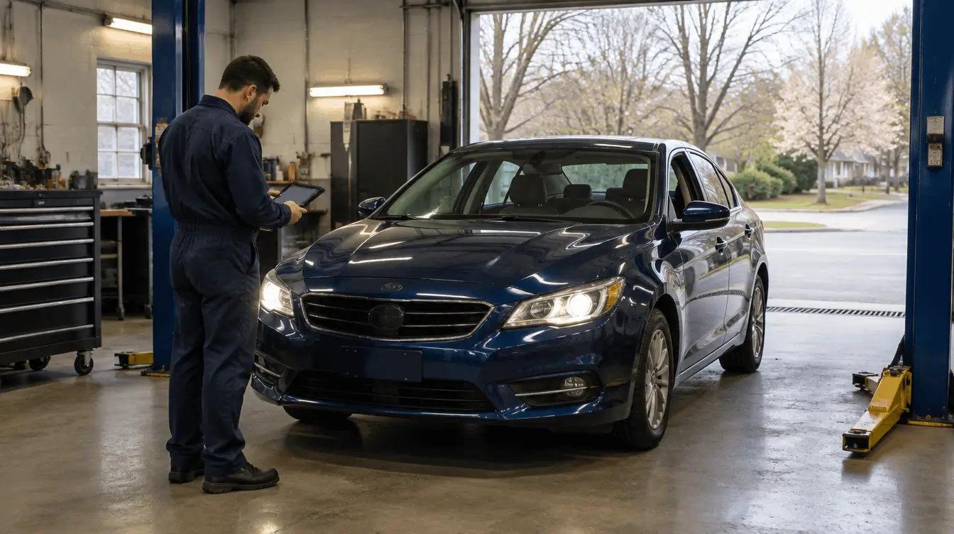 Technician checking the headlights of a blue sedan in a New York garage in early spring
