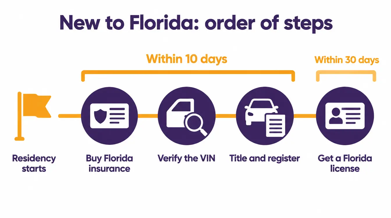 Order of steps for a new Florida resident: buy Florida insurance, verify the VIN, and title and register within 10 days of residency starting, then get a Florida driver license within 30 days