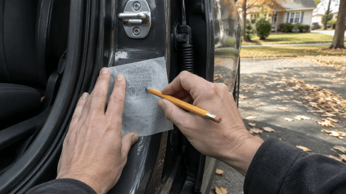 Hands rubbing a pencil over tracing paper on the VIN plate in the door jamb of a gray sedan in a Pennsylvania driveway