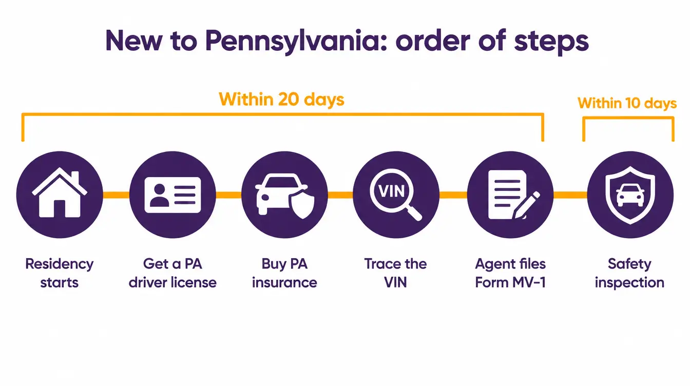 Order of steps for a new Pennsylvania resident: get a PA driver license, buy PA insurance, trace the VIN and have an agent file Form MV-1 within 20 days of residency, then pass a safety inspection within 10 days of registration