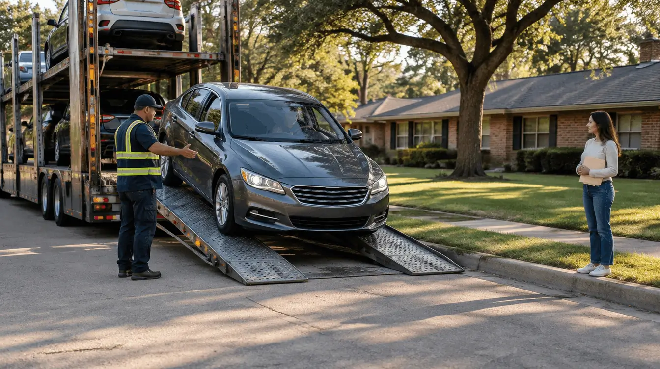 Gray sedan rolling down the ramp of an open car carrier on a suburban Texas street while the owner waits on the curb with a folder of paperwork