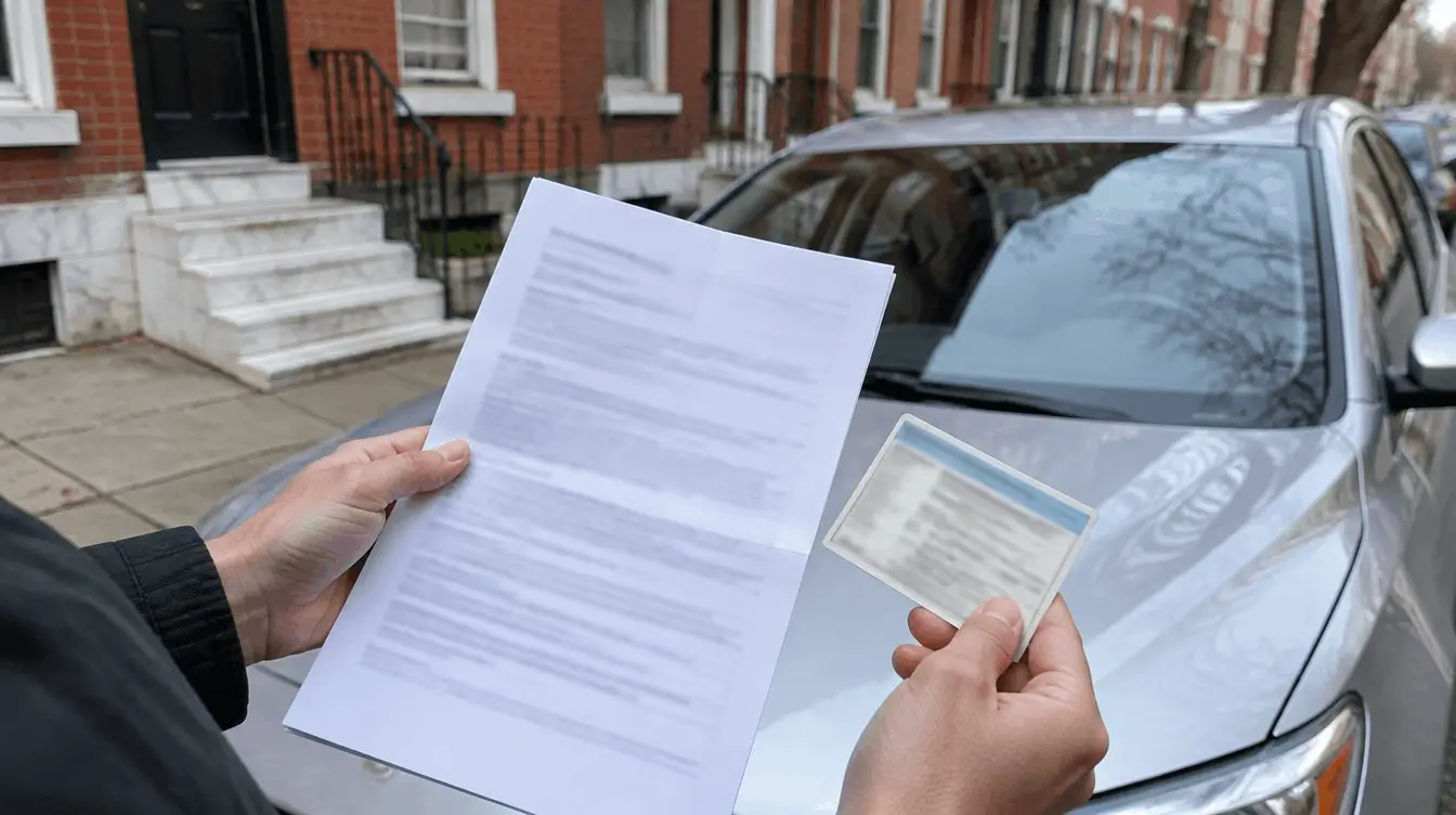 Hands holding a lease and a vehicle registration card over the hood of a silver car on a Philadelphia rowhouse street
