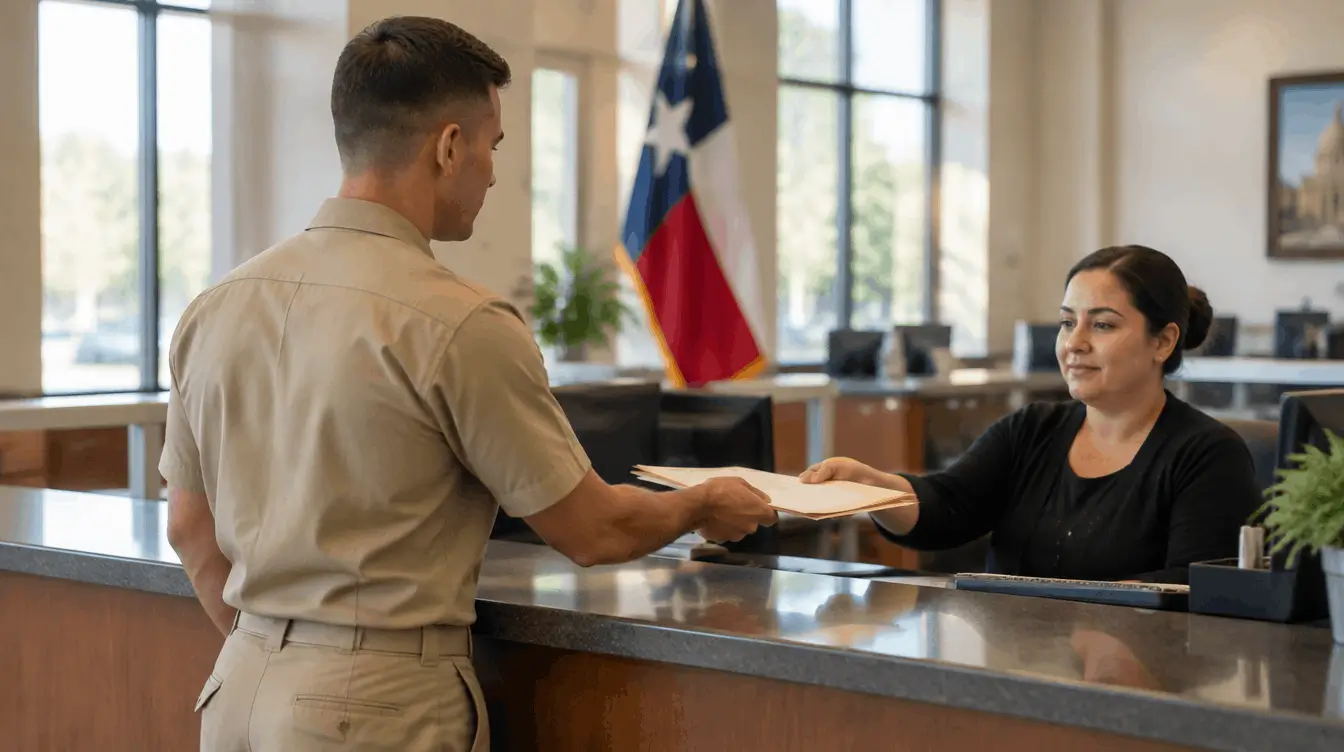 Service member in a tan uniform handing vehicle paperwork to a clerk at a Texas county tax office counter, with a Texas flag behind