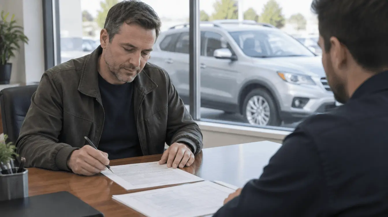 Buyer reviewing a bill of sale and tax paperwork with a salesperson at a car dealership desk, with a used silver SUV outside the window