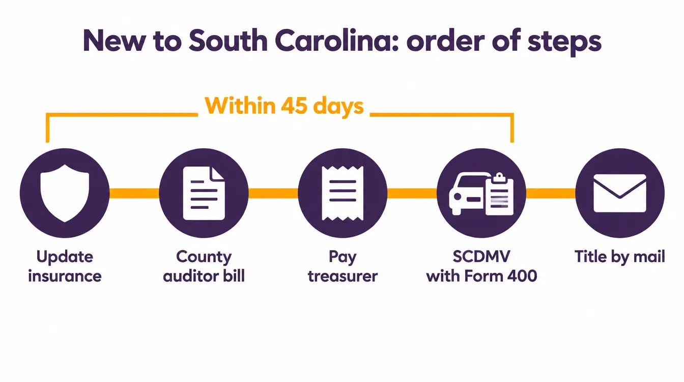 Order of steps for a new South Carolina resident: update insurance, get the county auditor's tax bill, pay the county treasurer and visit the SCDMV with Form 400 within 45 days, with the South Carolina title arriving later by mail