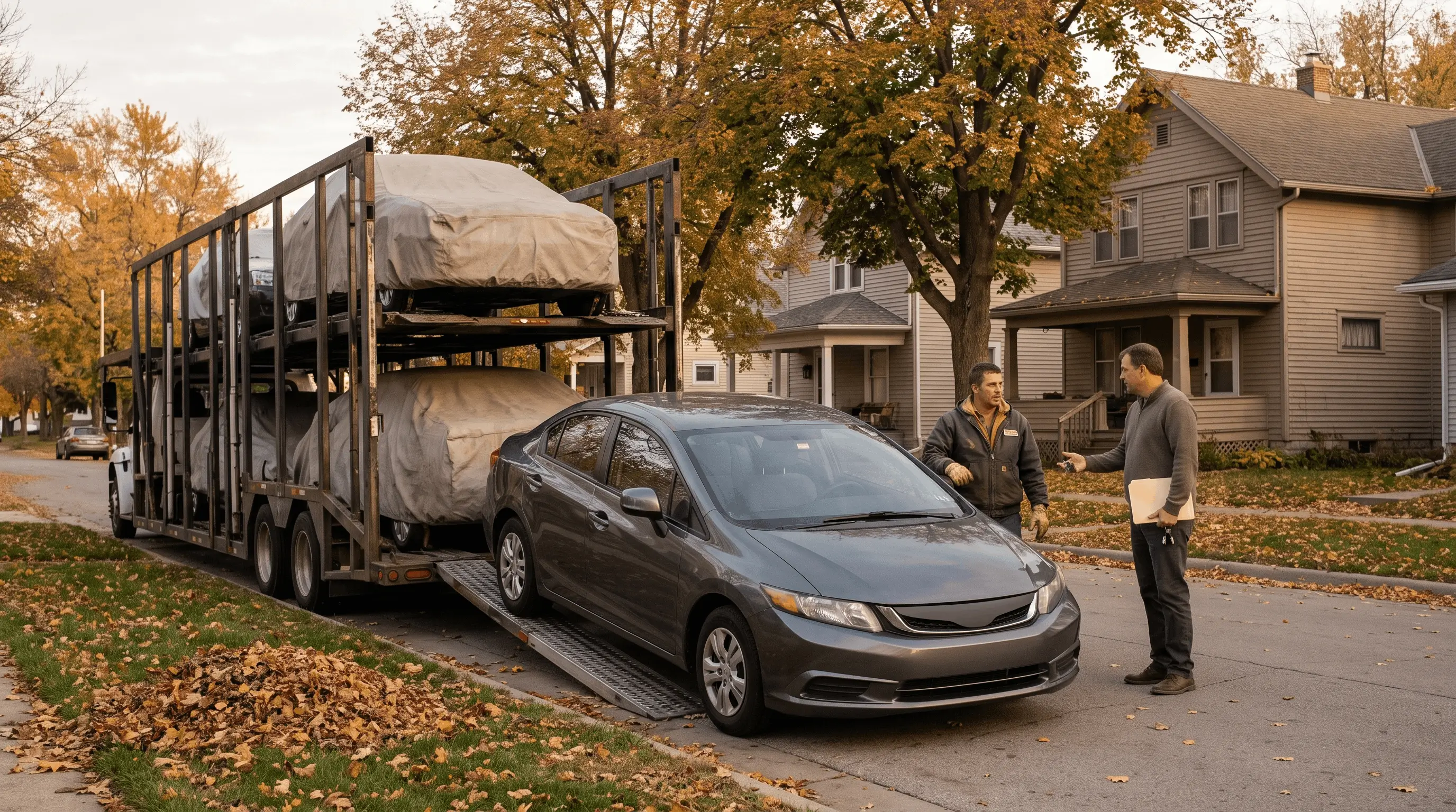 Gray sedan coming down the ramp of an open car carrier on a residential street in Des Moines, Iowa, while the owner holds a folder of registration paperwork