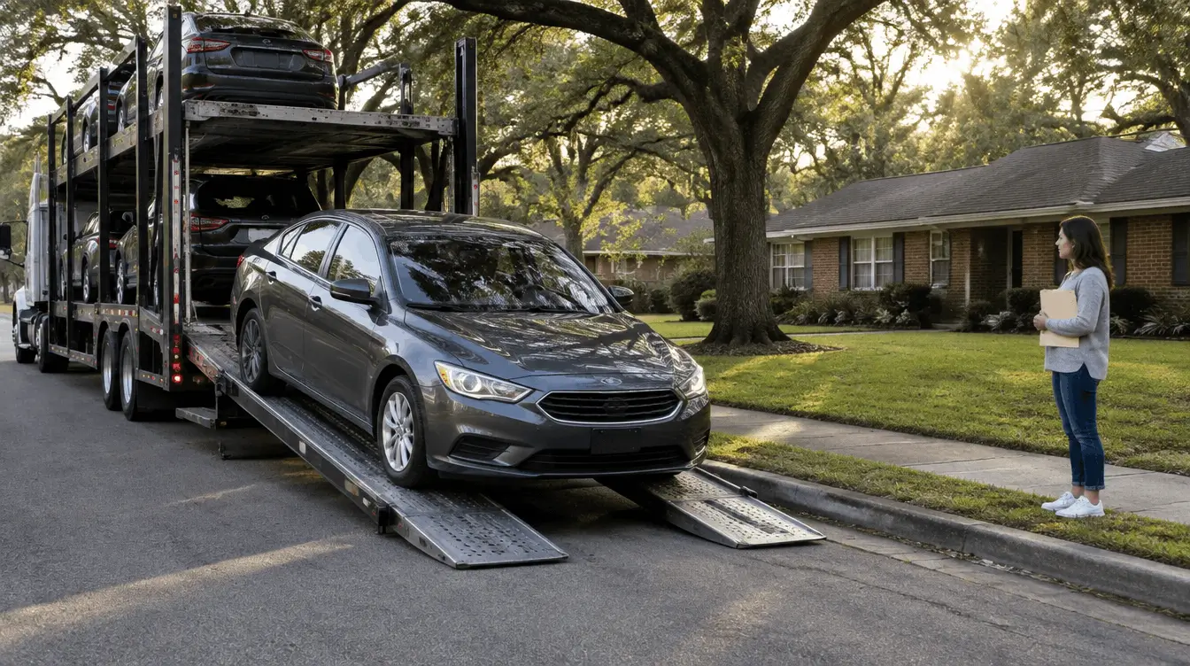 Gray sedan coming down the ramp of an open car carrier on a tree-lined residential street in Jackson, Mississippi, while the owner waits on the sidewalk with a folder of registration paperwork.